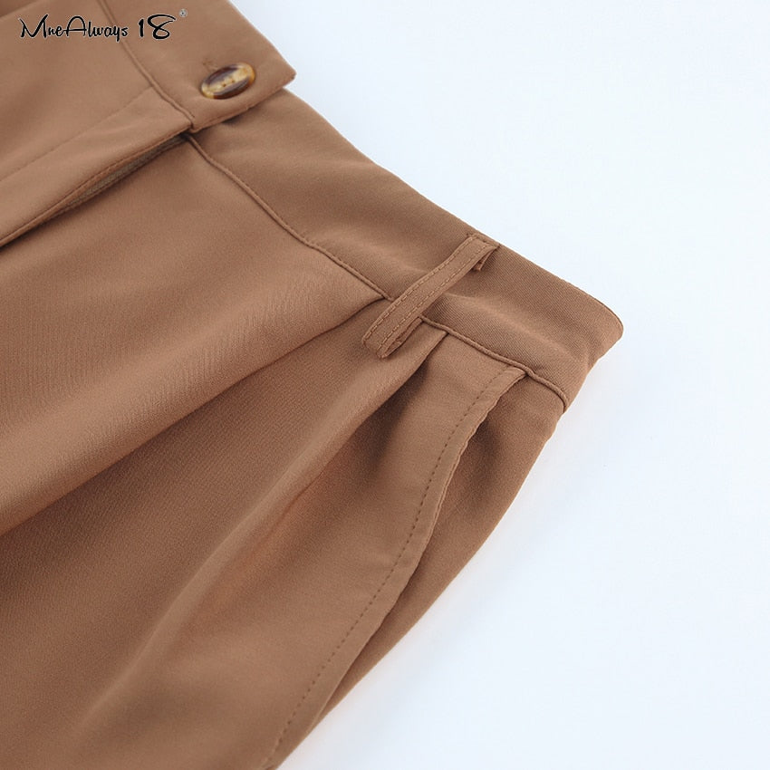 Vintage Zipper Khaki Trousers Women High Waist Office Pants Ladies Brown Trousers Work Wear