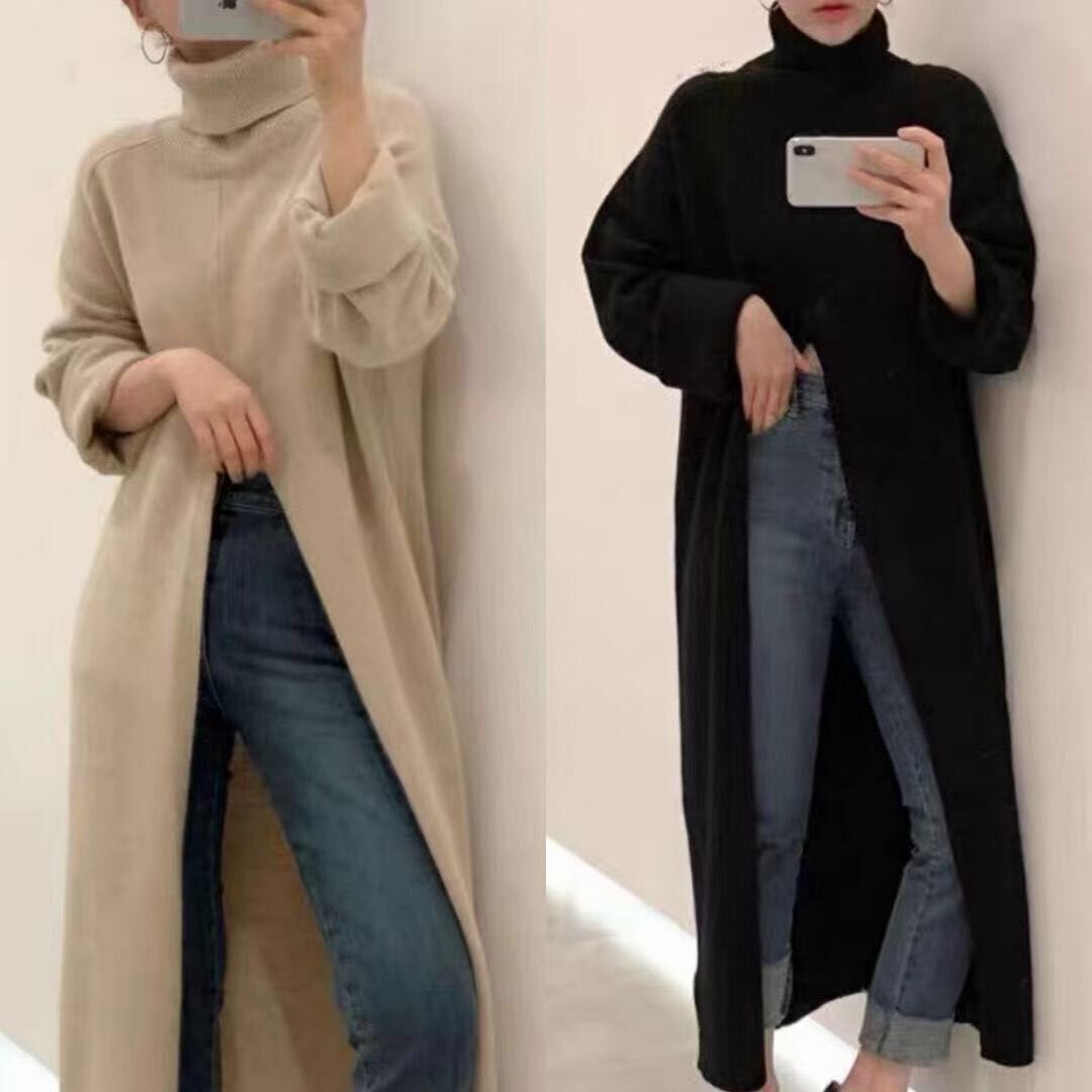Turtleneck Long fall winter Sweater Dress Side split Female Pullover