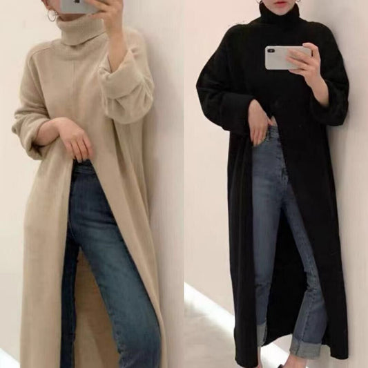 Turtleneck Long fall winter Sweater Dress Side split Female Pullover