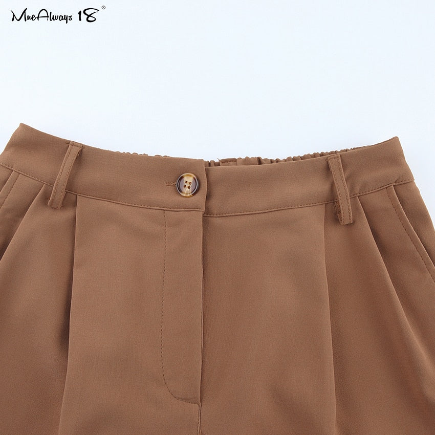 Vintage Zipper Khaki Trousers Women High Waist Office Pants Ladies Brown Trousers Work Wear