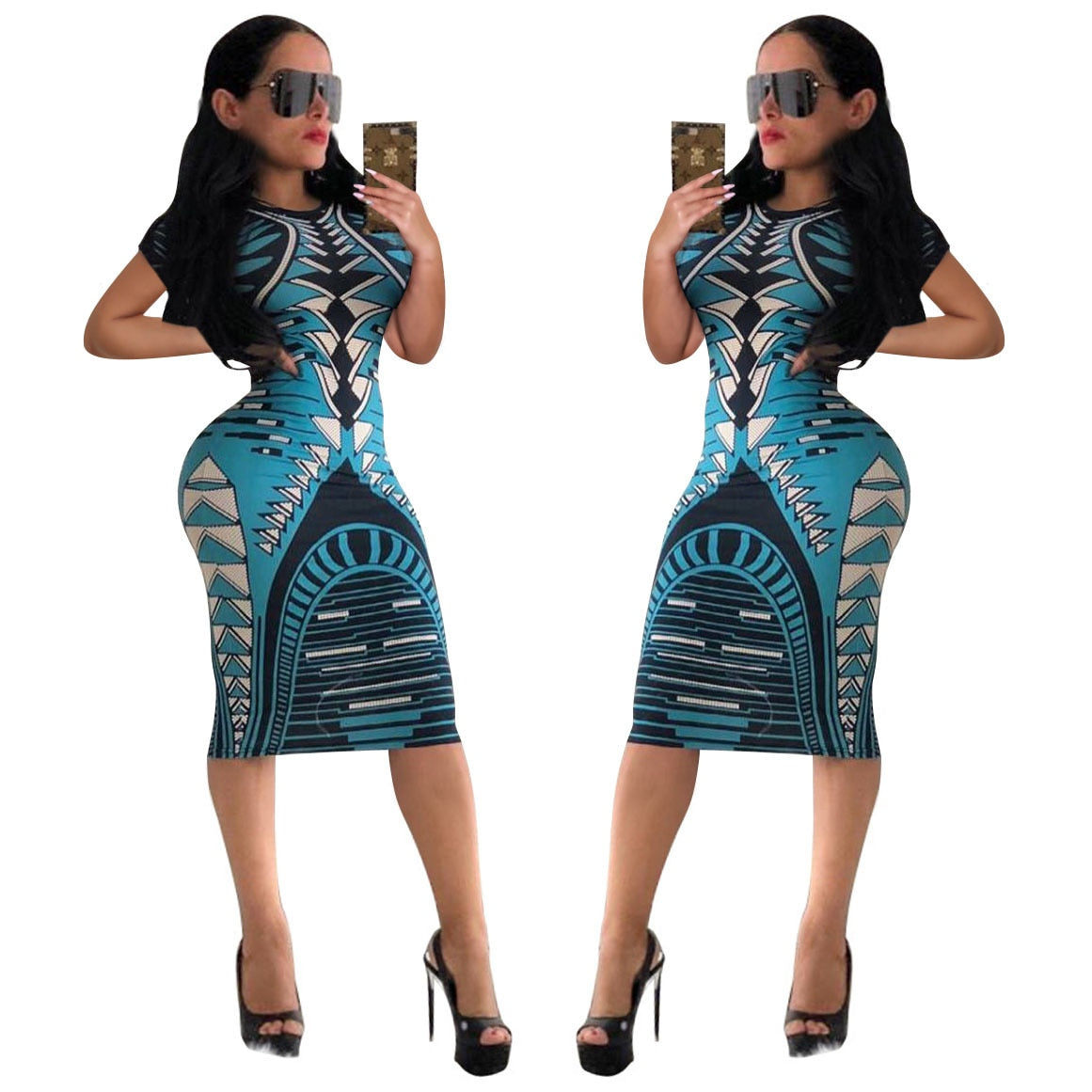 Elegant Short Sleeve Geometric Print Women Bodycon Dresses Robe Sexy Slim Midi Pencil Dress Lady Party Dress Vestidos