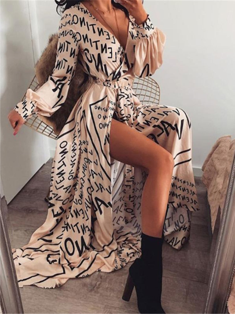 Boho Printed Floral Long Maxi Dress Women Female Casual Loose Ankle-Length Empire V-Neck Long Splits Dresses Vestidos
