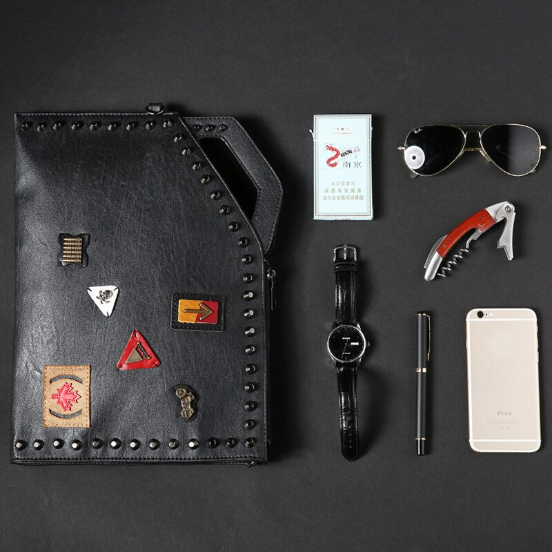 Men Rivets Handbag Male Skull Clutch luxury leather bag for men