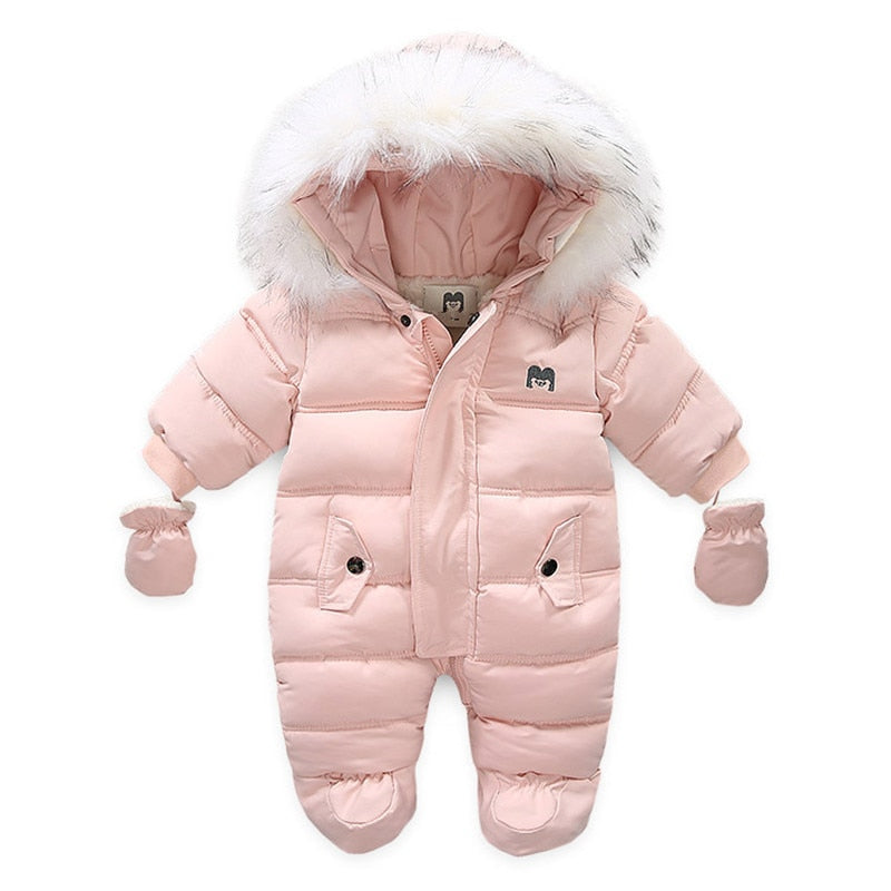 Children Winter Jumpsuit Fur Hood Baby Girl Boy Snowsuit Russian Winter Infant Outerwear Ovealls Baby Thick Rompers with Gloves