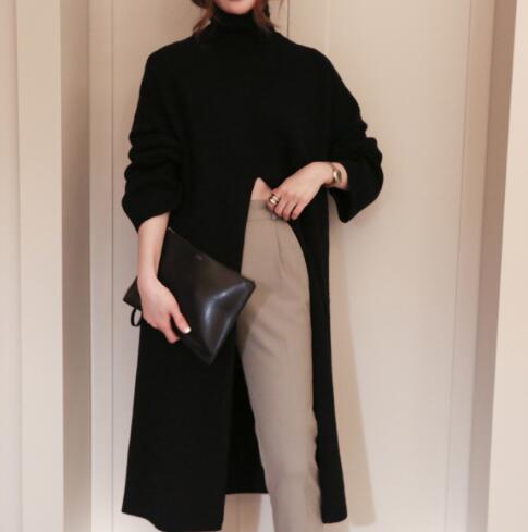 Turtleneck Long fall winter Sweater Dress Side split Female Pullover