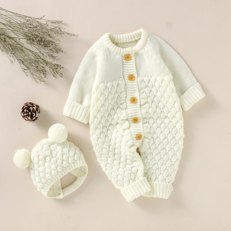 Baby Rompers Caps Clothes Sets Newborn Girl Boy Knitted Jumpsuits Outfits Autumn Winter Long Sleeve Toddler Infant Overalls 2pcs