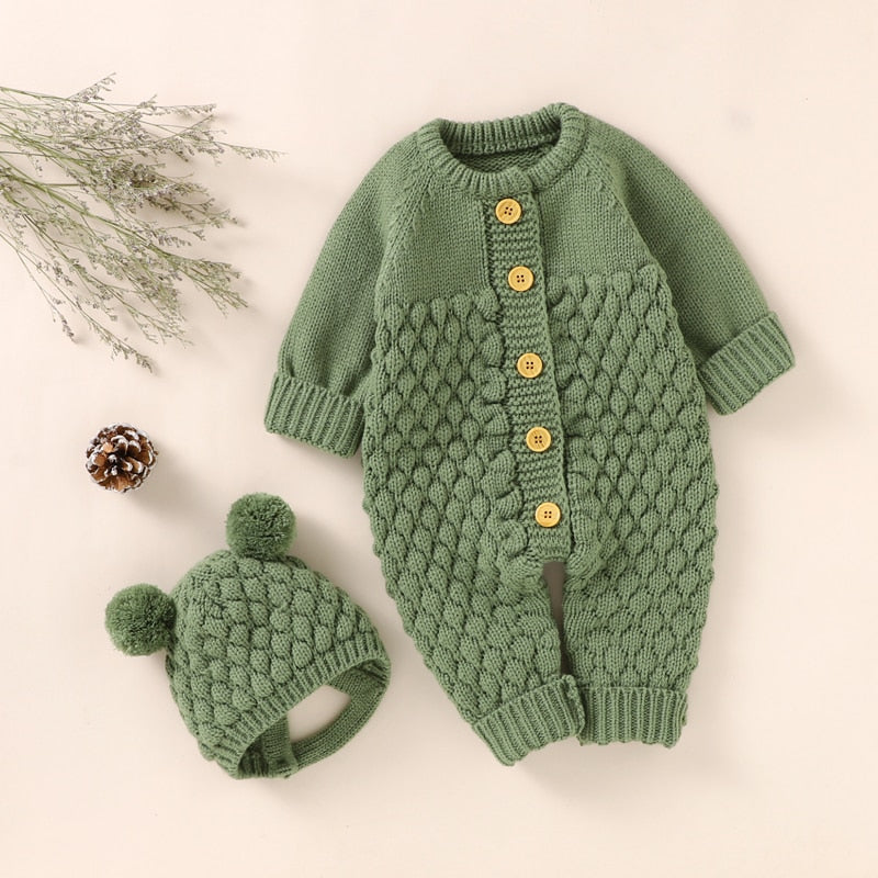 Baby Rompers Caps Clothes Sets Newborn Girl Boy Knitted Jumpsuits Outfits Autumn Winter Long Sleeve Toddler Infant Overalls 2pcs