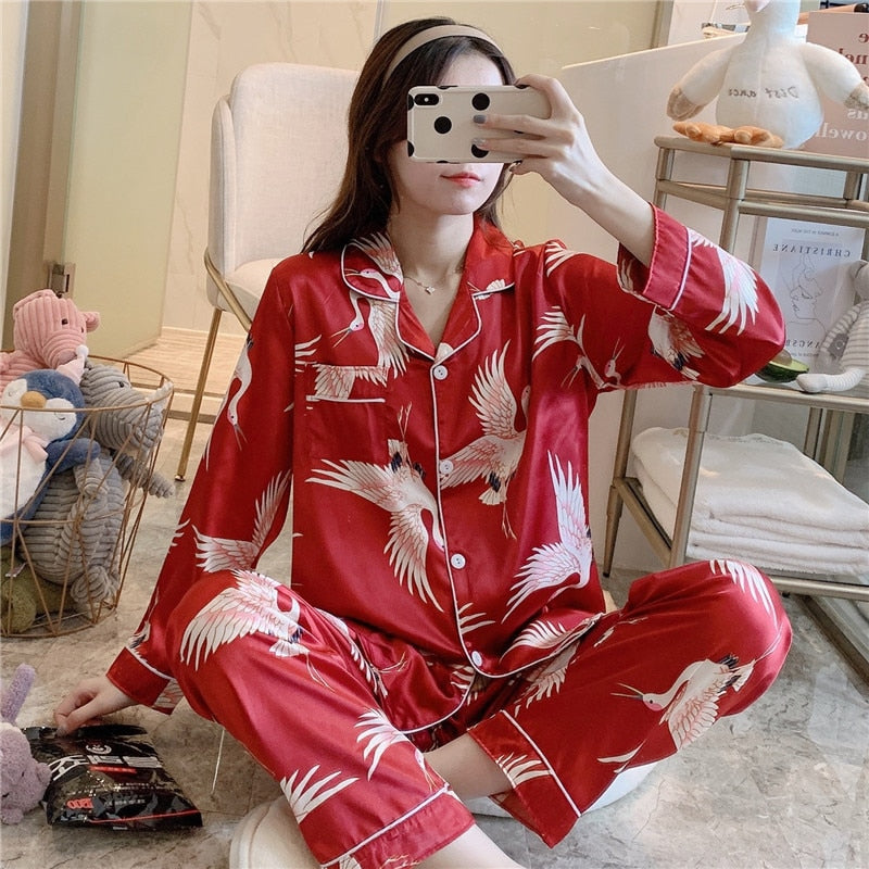 Sleepwear Women & Faux Silk Satin Pajamas Set Nightwear Long Sleeve Pajamas Home Clothes Set For women Sleeping Shirt Home Wear