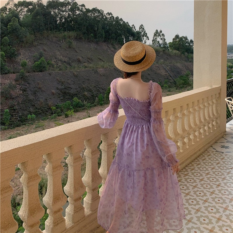 French Vintage Floral One Piece Dress  Chic Elegant Beach Dress Women Puffer Sleeve Design Cake Dress Female