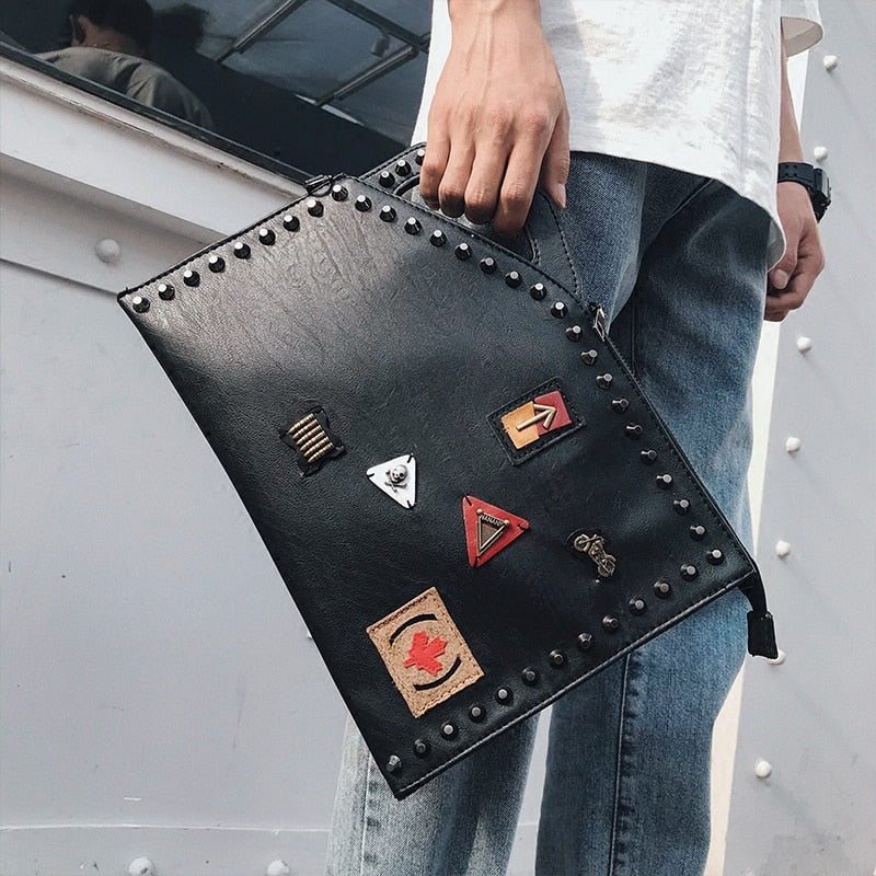 Men Rivets Handbag Male Skull Clutch luxury leather bag for men