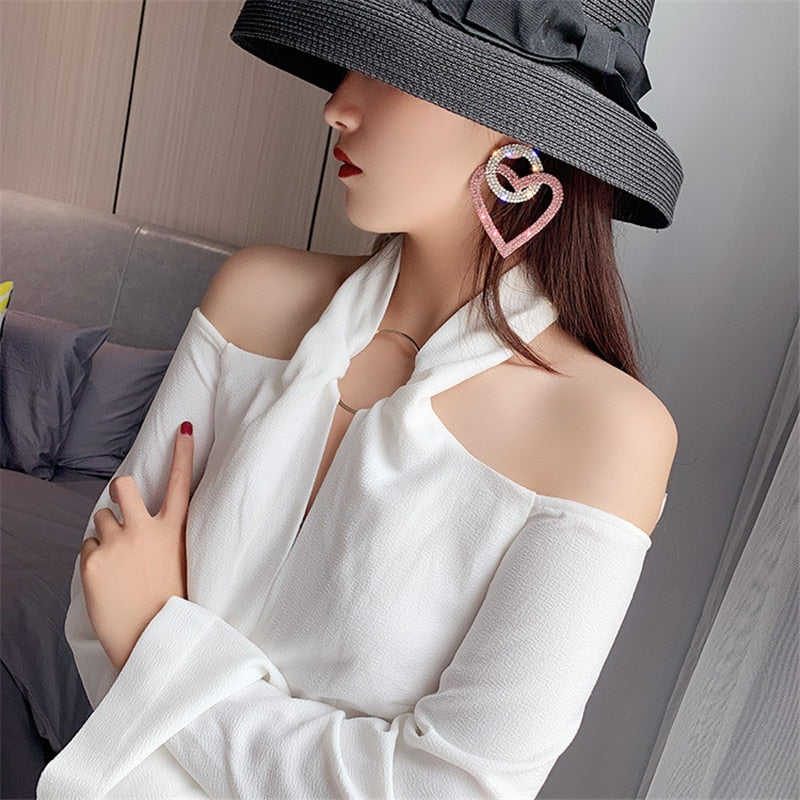 FYUAN Green Pink Heart Crystal Earrings for Women Oversize Circle Rhinestone Drop Earrings Statement Earrings Gifts