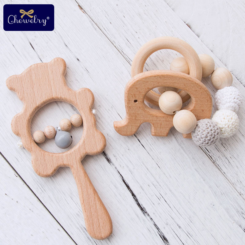 1Set Baby Toys Wooden Teether Rattle Wooden Bracelet Hand Teething Rattles Musical Chew Play Gym Stroller Toys Children Products