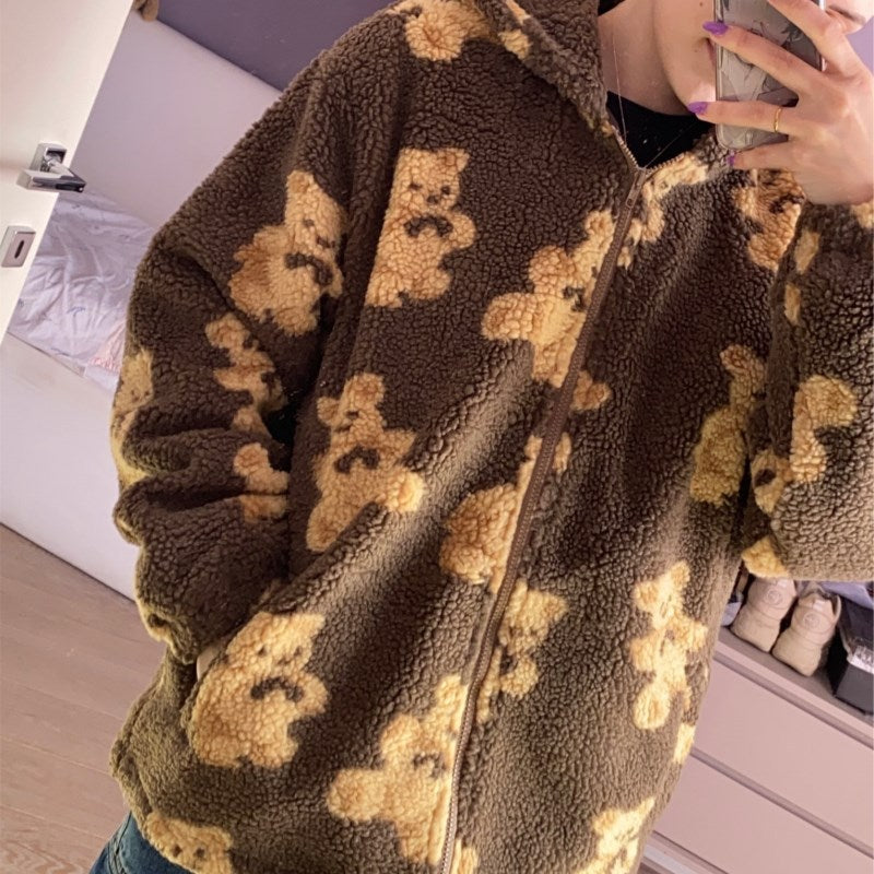 Cartoon Bear Lamb Wool Zip Up Hoodie Women&#39;s Sweatshirts Casual Oversized Brown Winter Clothes Women Jackets Cute Korean Coats