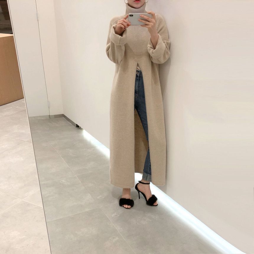 Turtleneck Long fall winter Sweater Dress Side split Female Pullover