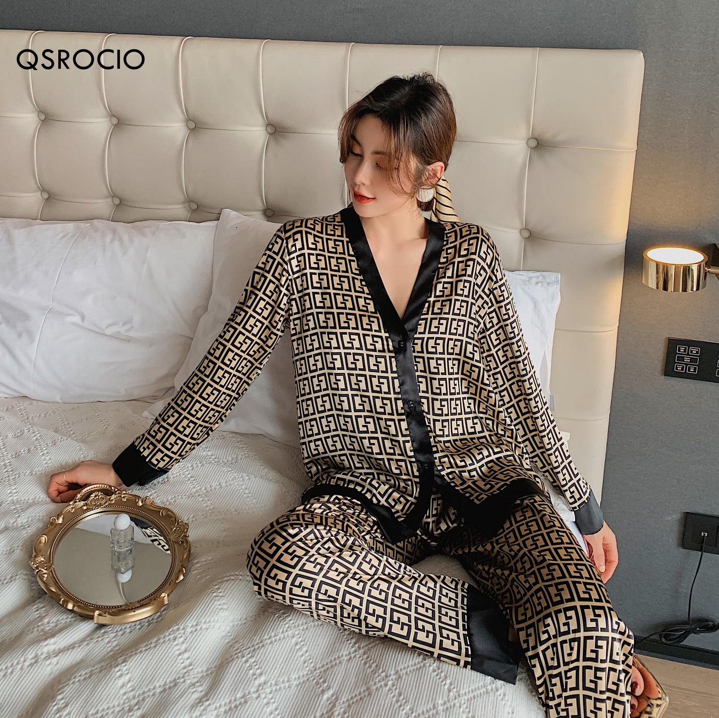 QSROCIO Women & Pajamas Set V Neck Design Luxury Cross Letter Print Sleepwear Silk Like Home Clothes XXXXL Large Size Nightwear