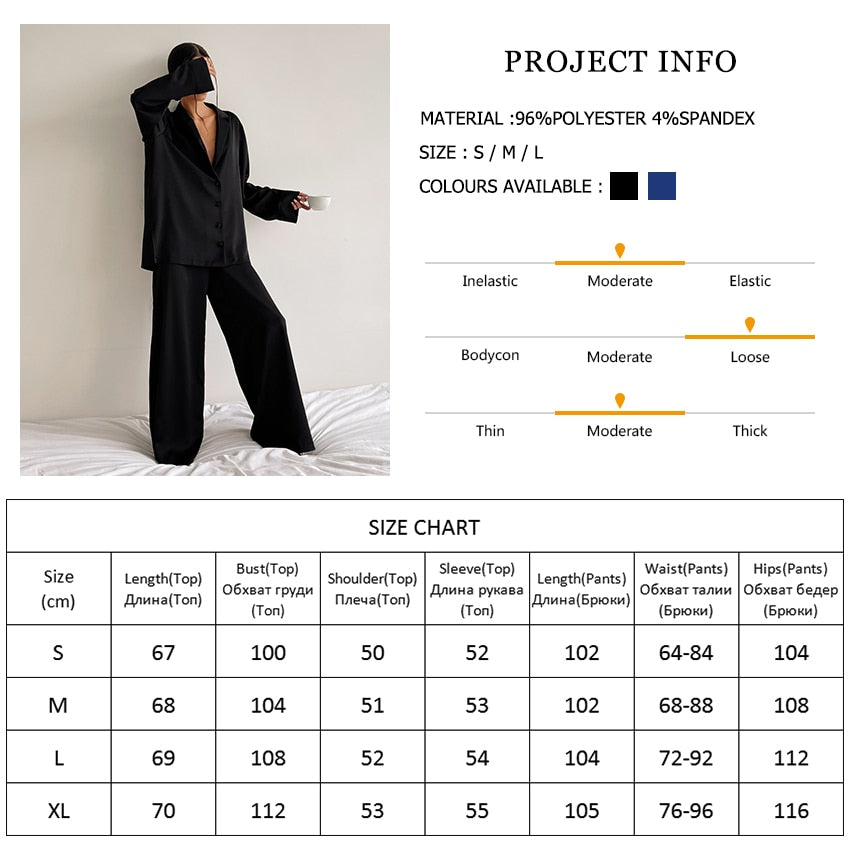 Oversized Satin Silk Sleepwear Low Cut Sexy Pajamas For Women Single-Breasted Long Sleeves Wide Leg Pants Trouser Suits