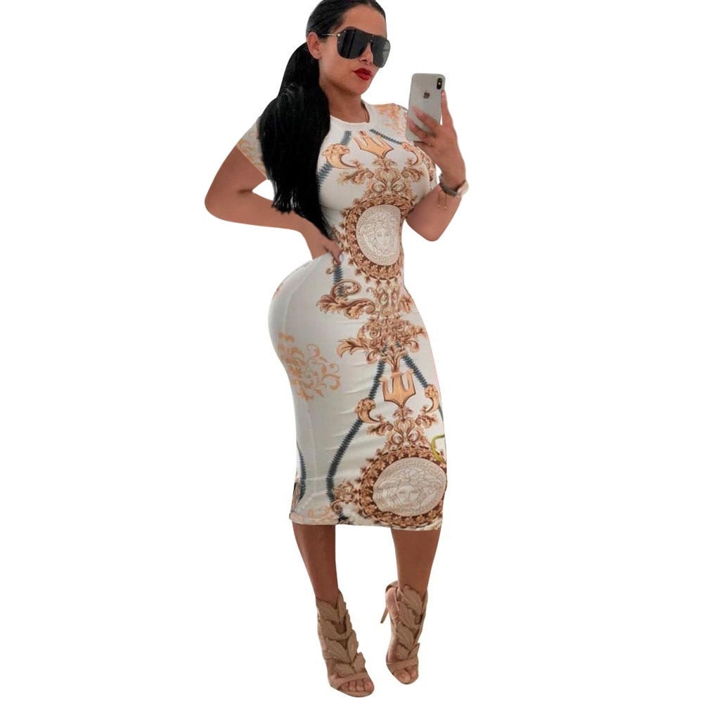 Elegant Short Sleeve Geometric Print Women Bodycon Dresses Robe Sexy Slim Midi Pencil Dress Lady Party Dress Vestidos