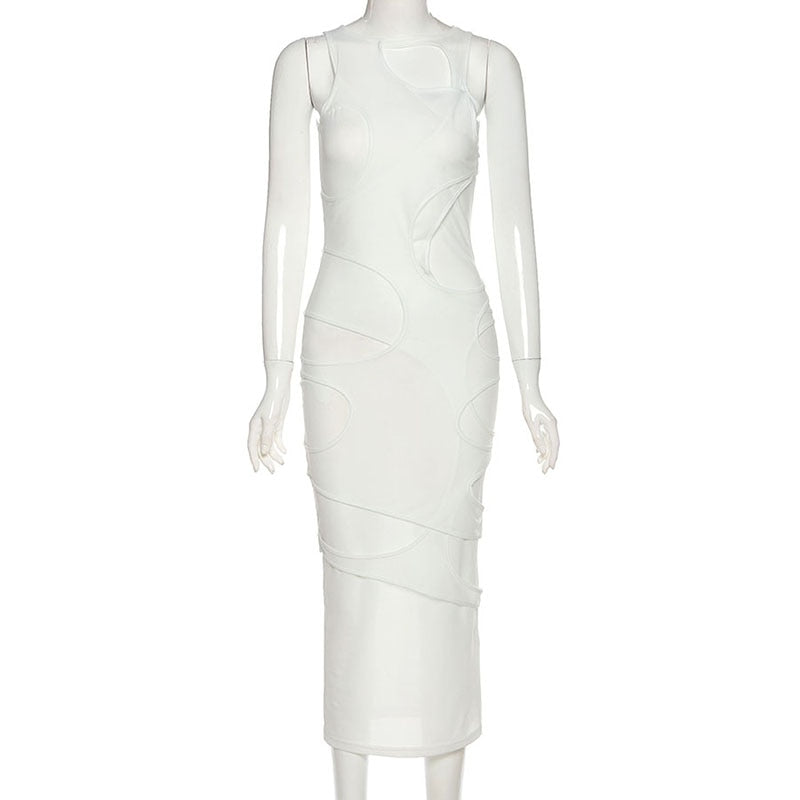 2020 Sleeveless O-Neck Solid Patchwork Mesh Maxi Dress Autumn Winter Women Fashion Sexy Party Club Elegant Clthings