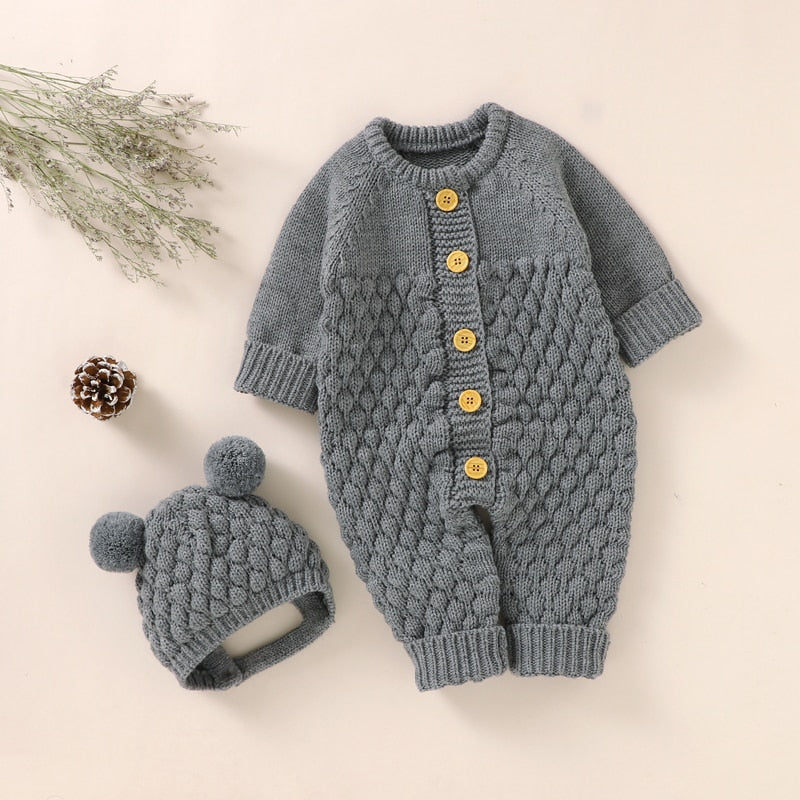 Baby Rompers Caps Clothes Sets Newborn Girl Boy Knitted Jumpsuits Outfits Autumn Winter Long Sleeve Toddler Infant Overalls 2pcs