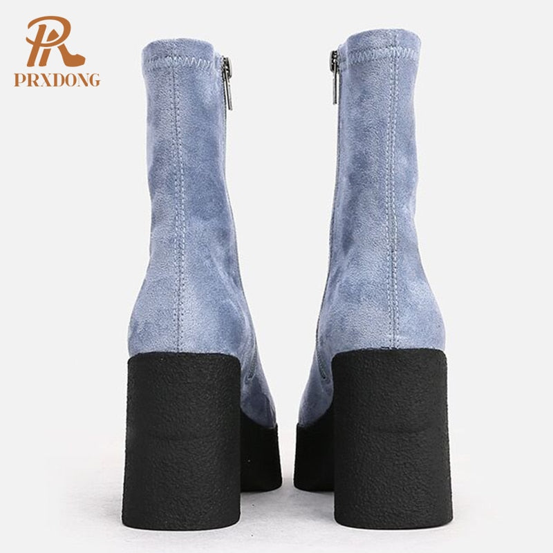 Winter Women's Flock Ankle Stretch Boots High Heeled Thick Platform Square Toe Ladies Shoes Zipper