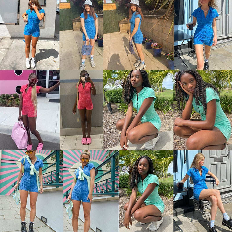 2022 Winter Neon Pink Casual Playsuit Women Fashion Short Sleeve Letter Button Skinny Bodycon Slim Female Rompers Women Jumpsuit