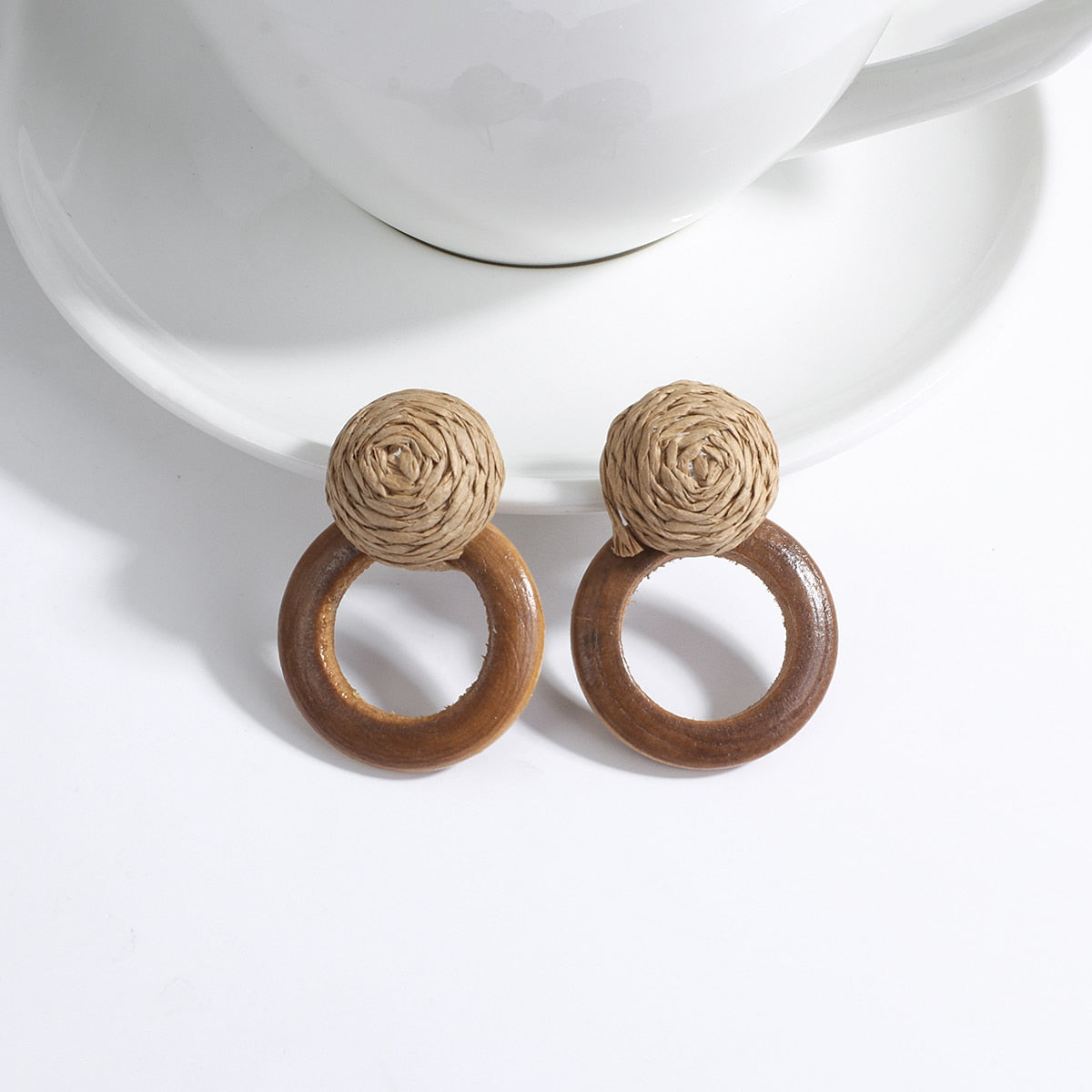 AENSOA Boho Handmade Geometric Wooden Rattan Braid Drop Earrings for Women Ethnic Bohemia Statement Earring Wholesale Jewelry