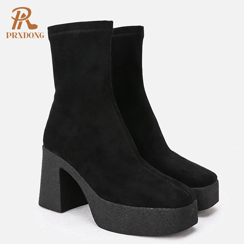 Winter Women's Flock Ankle Stretch Boots High Heeled Thick Platform Square Toe Ladies Shoes Zipper