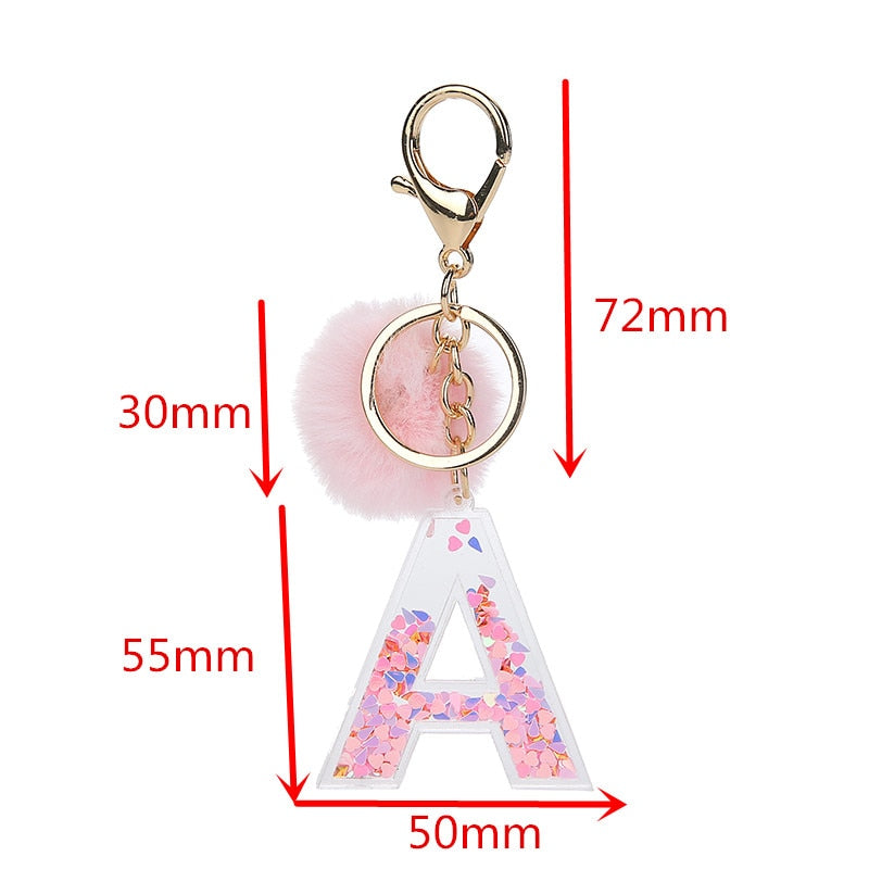 1PC Women Letter Keychains  26 Glitter Hollowed-Out English Alphabet  Keyring Handbag Crafts with Puffer Ball