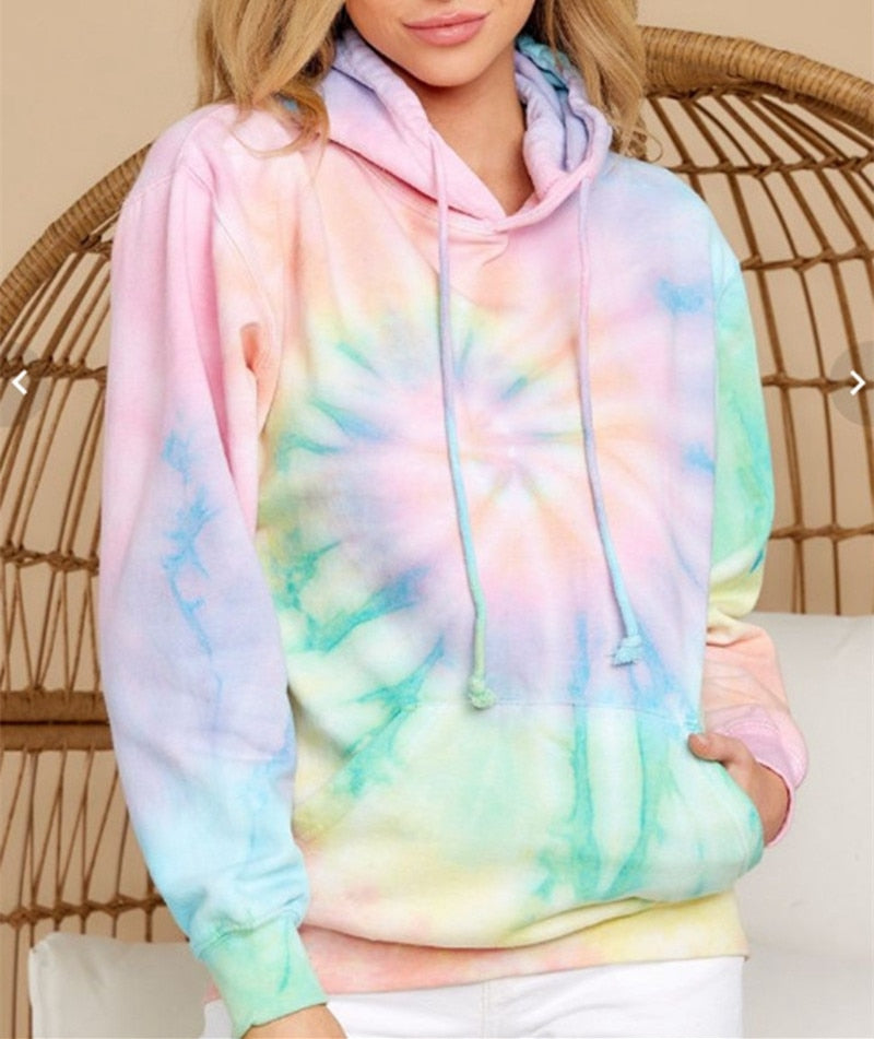 Women Tie Dye Hoodie Sweatshirts Casual Loose Pocket Hooded Shirt Streetwear