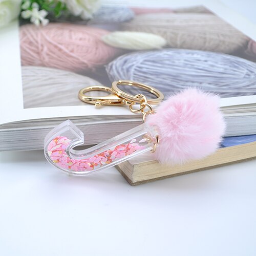 1PC Women Letter Keychains  26 Glitter Hollowed-Out English Alphabet  Keyring Handbag Crafts with Puffer Ball