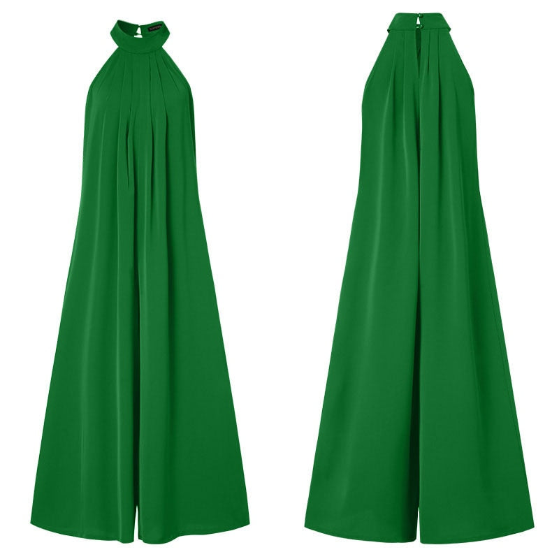 Oversized ZANZEA Fashion Women Jumpsuits 2022 Summer Pleated Wide Leg Overalls Casual Solid Sleeveless Loose Button Up Rompers