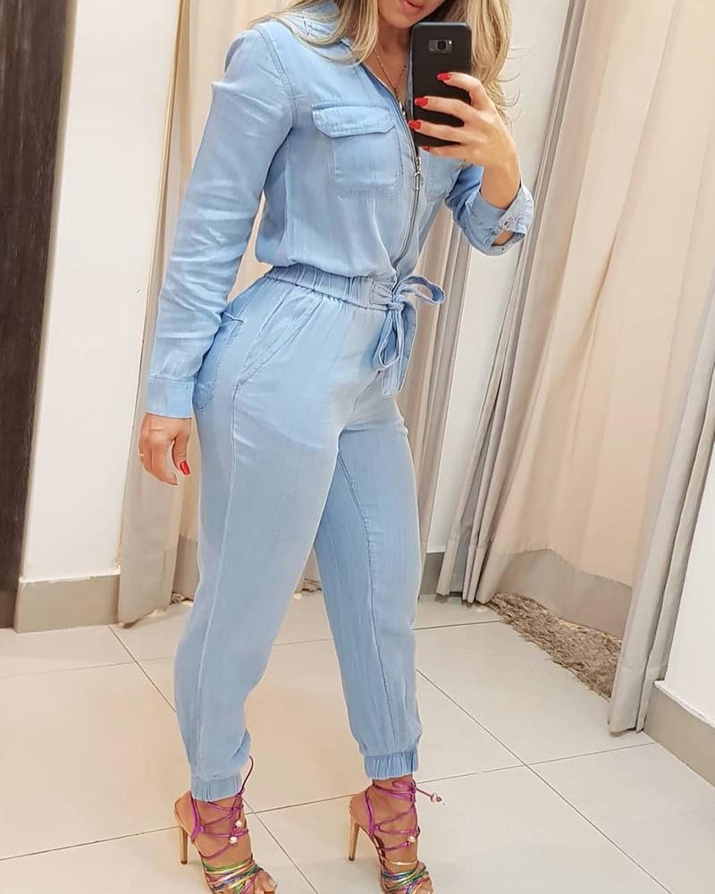 Jumpsuit female long sleeve slim fit lace up waist jumpsuit casual jumpsuits
