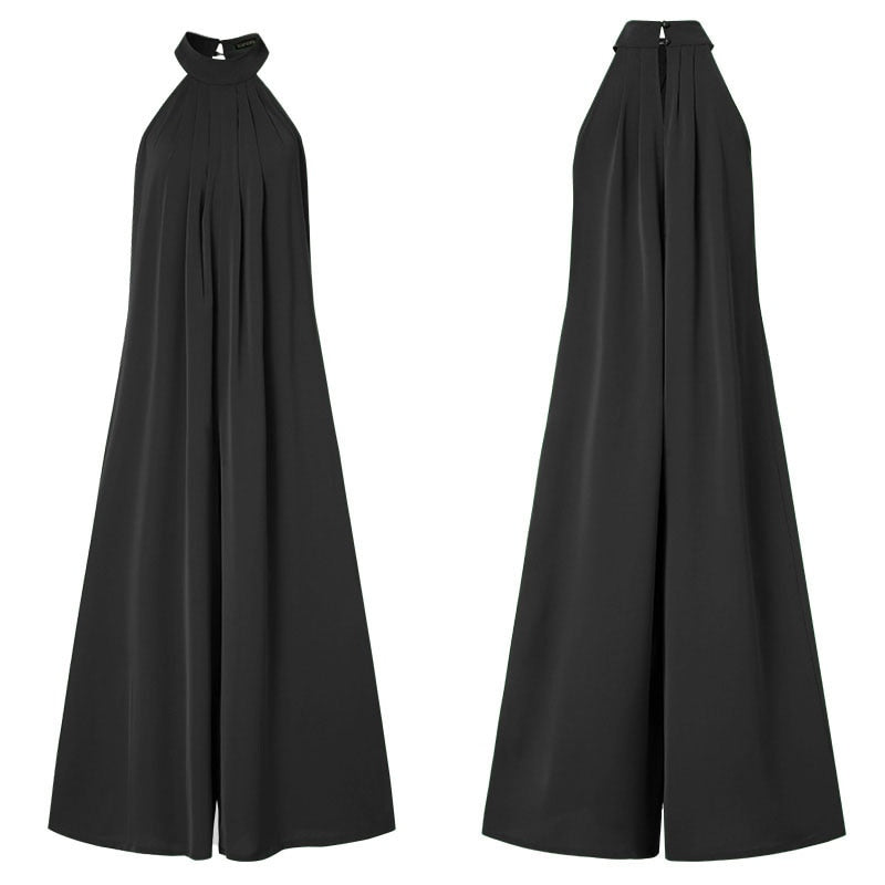 Oversized ZANZEA Fashion Women Jumpsuits 2022 Summer Pleated Wide Leg Overalls Casual Solid Sleeveless Loose Button Up Rompers