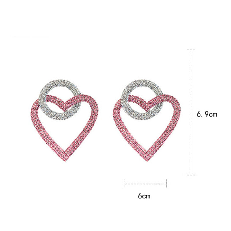 FYUAN Green Pink Heart Crystal Earrings for Women Oversize Circle Rhinestone Drop Earrings Statement Earrings Gifts