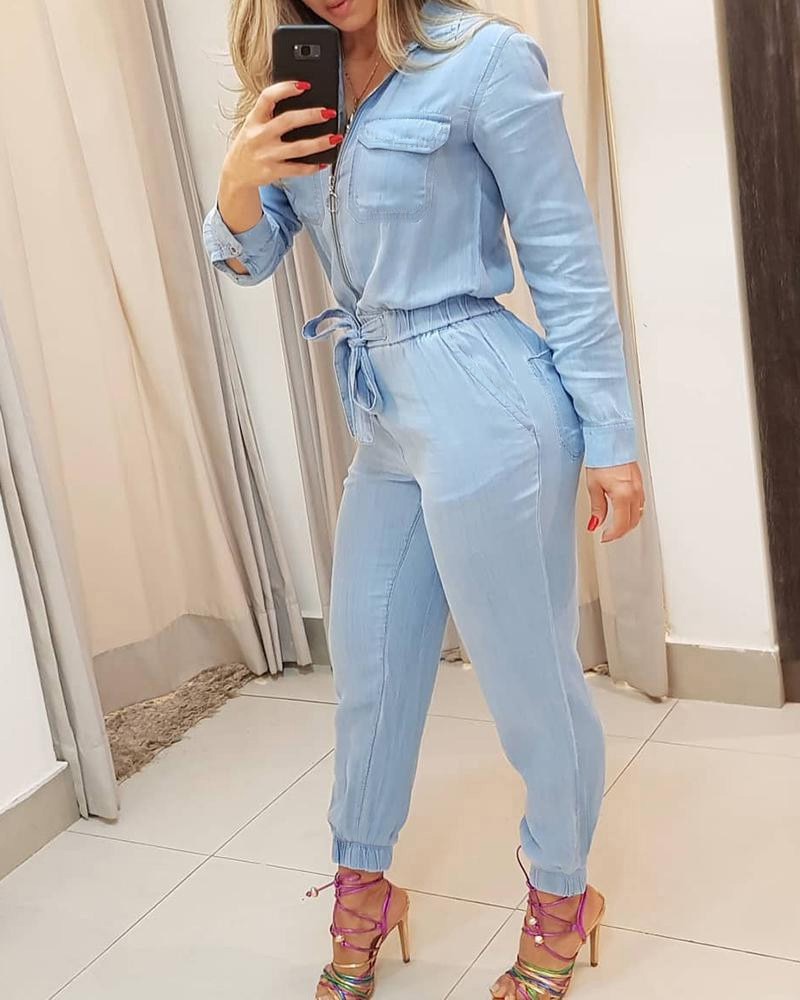 Jumpsuit female long sleeve slim fit lace up waist jumpsuit casual jumpsuits