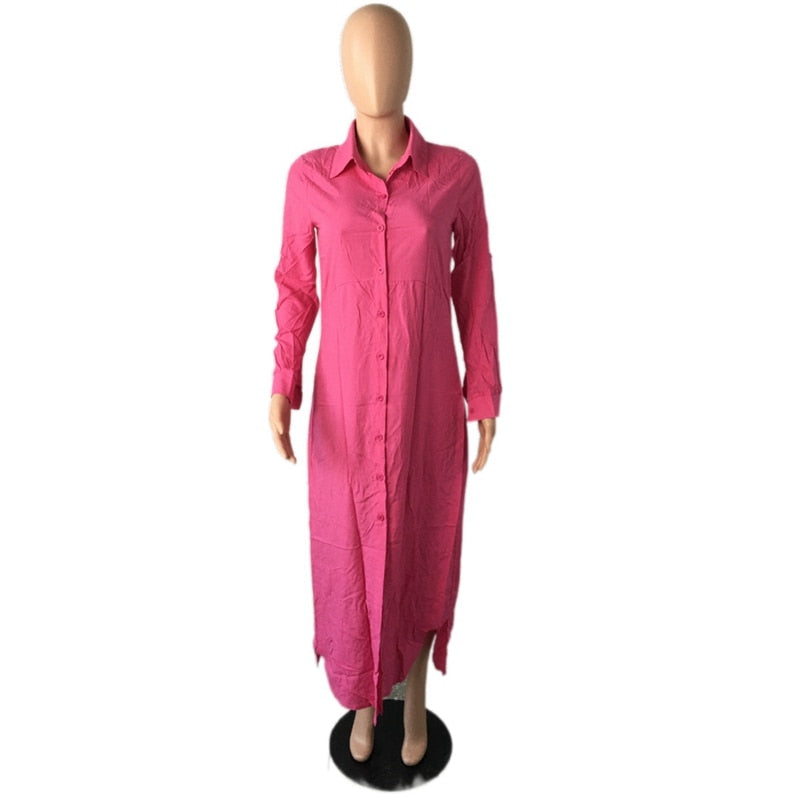 Solid Button Long Shirt Dress Long Sleeve Turn Down Collar Maxi Dress Asymmetric Hems Loose Vestido