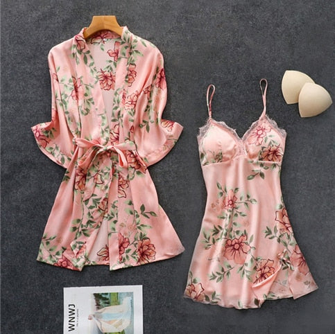 Pink Pajamas Sets Womens Strap Top Pants Sleepwear Suit Spring Autumn Home Wear Nightwear Kimono Robe Bath Gown M-XXL