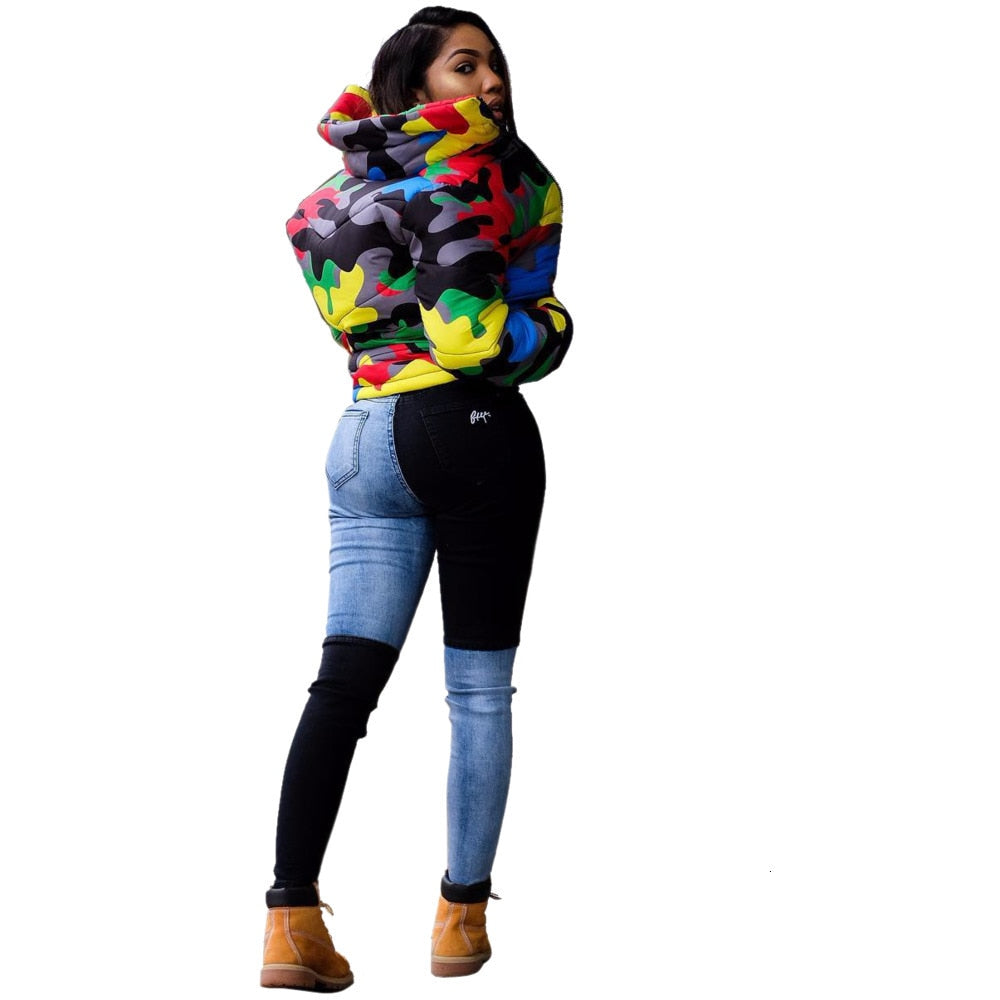 Camo Print Women Parka Bubble Jacket