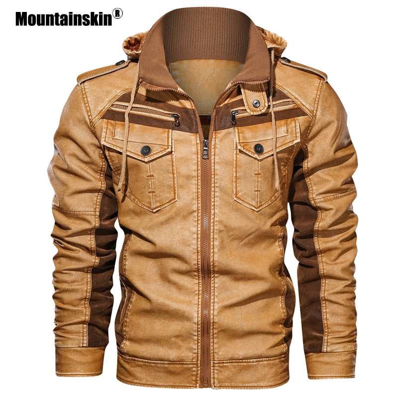 Mountainskin Men&#39;s Leather Jackets Winter Fleece Thick Mens Hooded Motorcycle PU Coats Male Fashion Outwear Brand Clothing SA794