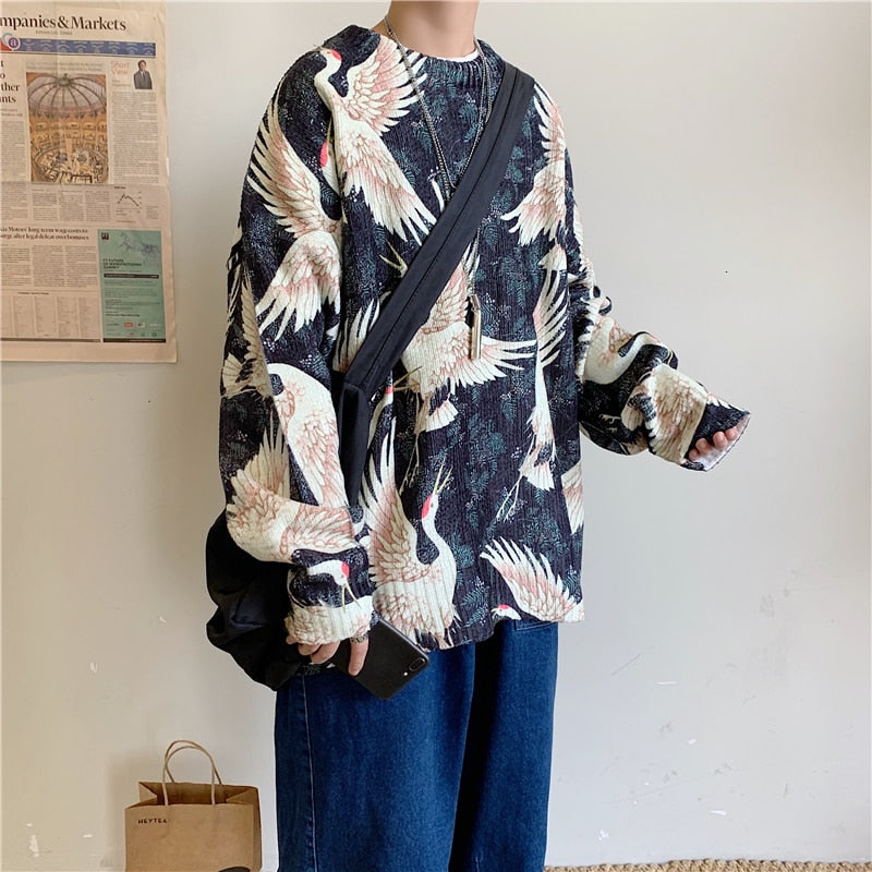 Winter Men&#39;s In Warm Blue/black/white Coats Cashmere Printing Knitting Woolen Sweaters High-quality Loose Casual Pullover M-XL