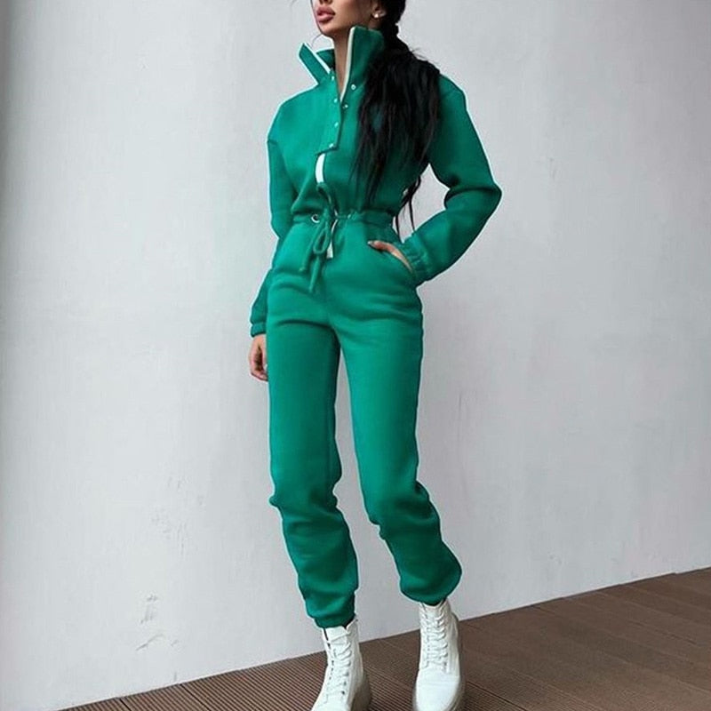 Casual Stand Collar Jumpsuits Women Autumn Winter Zipper One Piece Long Sleeve Outfit Solid Loose Drawstring Rompers Tracksuits