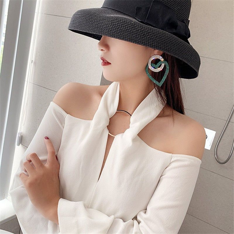 FYUAN Green Pink Heart Crystal Earrings for Women Oversize Circle Rhinestone Drop Earrings Statement Earrings Gifts