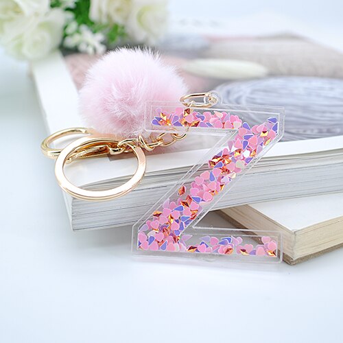 1PC Women Letter Keychains  26 Glitter Hollowed-Out English Alphabet  Keyring Handbag Crafts with Puffer Ball