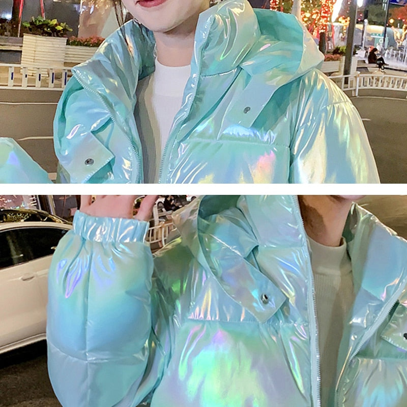 Puffer Coats Women's Shinny Hooded Long Sleeve Zipper Pockets Ladies Casual Thick Winter Jacket Cold Coat for Female 2021