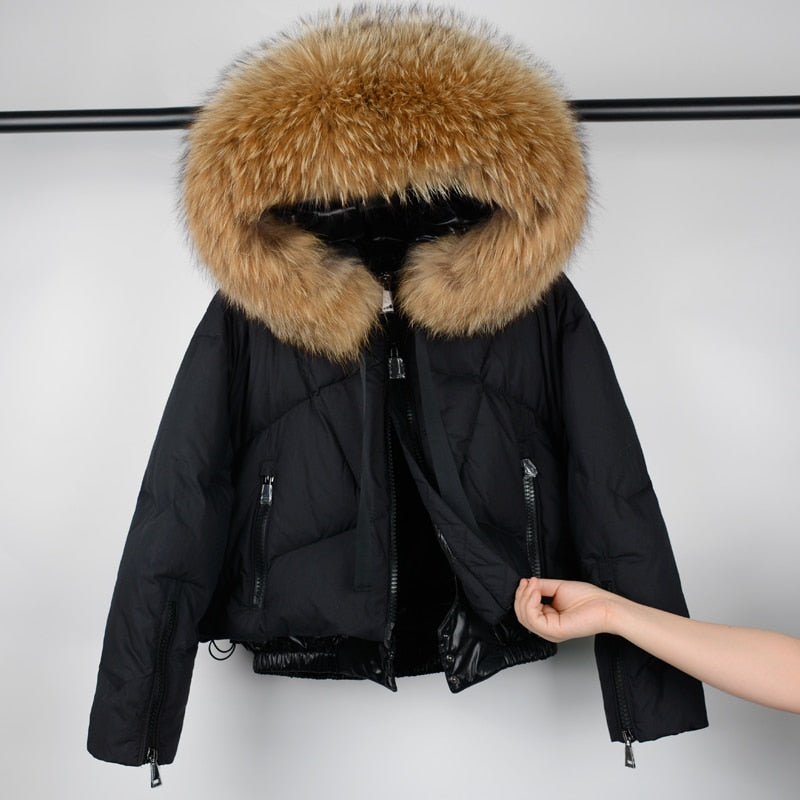 Janveny Real Raccoon Fur Hooded Women's Down Jacket 2021 Winter 90% Duck Down Coat Short Female Puffer Feather Parkas Outwear