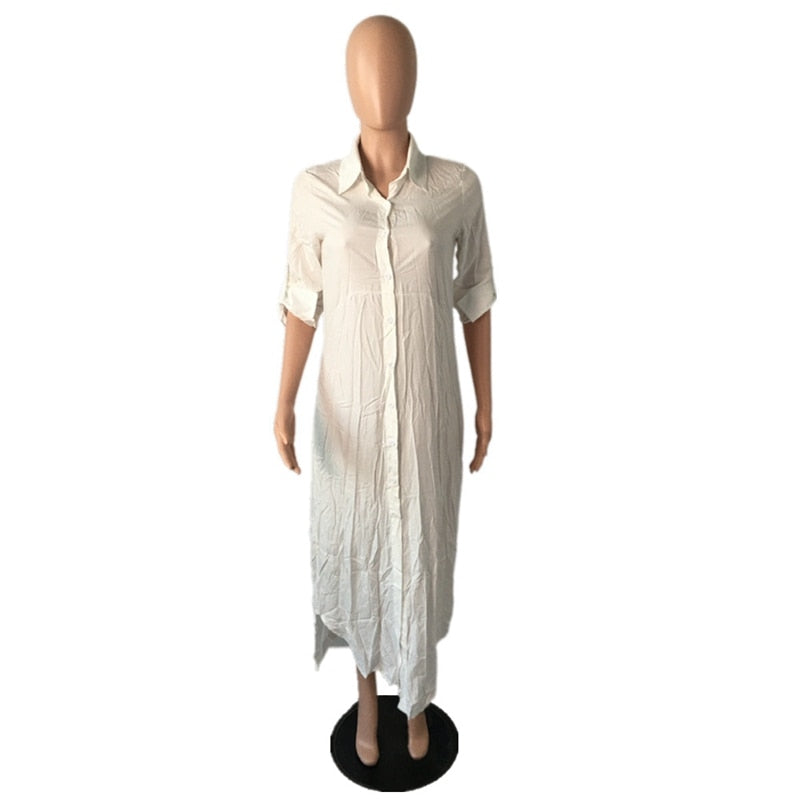 Solid Button Long Shirt Dress Long Sleeve Turn Down Collar Maxi Dress Asymmetric Hems Loose Vestido