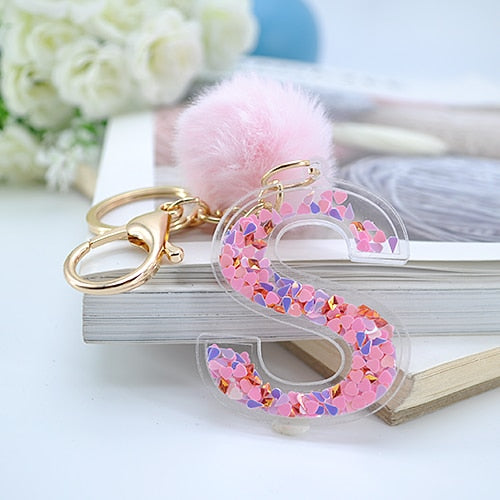 1PC Women Letter Keychains  26 Glitter Hollowed-Out English Alphabet  Keyring Handbag Crafts with Puffer Ball
