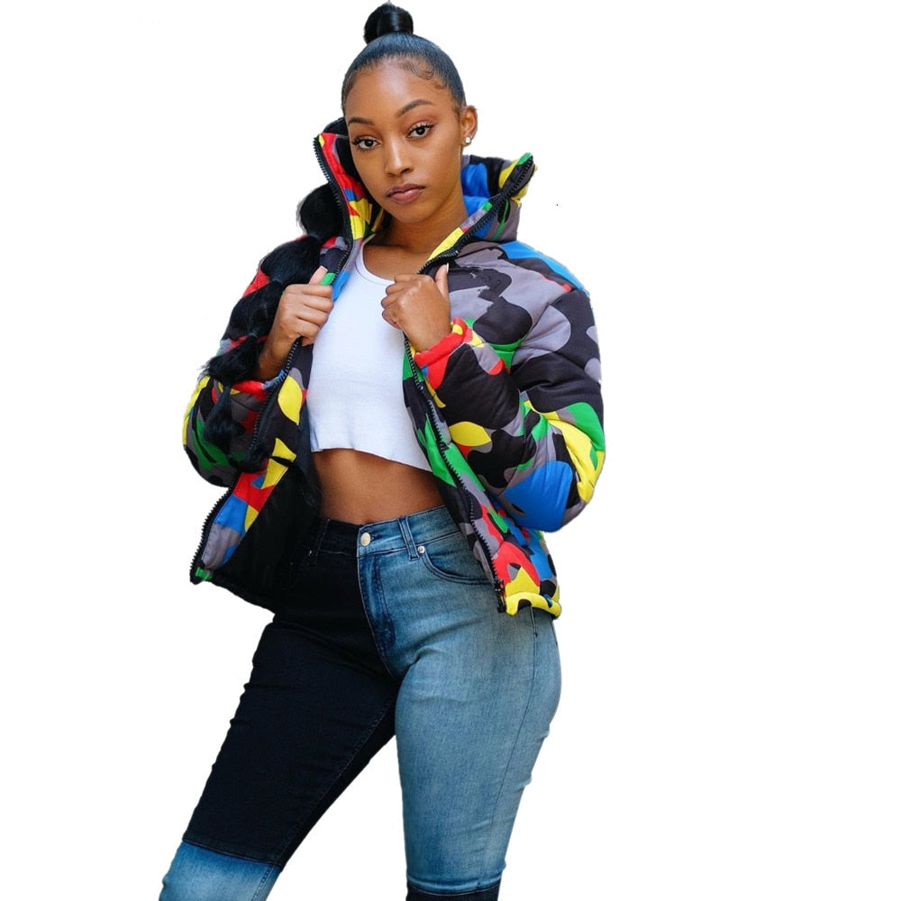 Camo Print Women Parka Bubble Jacket