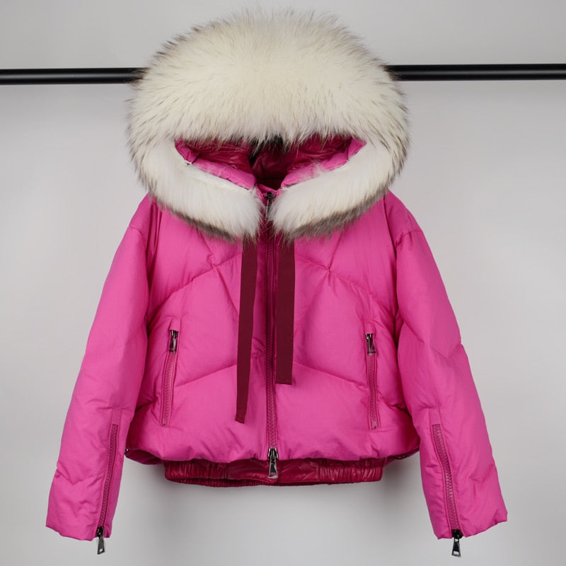 Janveny Real Raccoon Fur Hooded Women's Down Jacket 2021 Winter 90% Duck Down Coat Short Female Puffer Feather Parkas Outwear