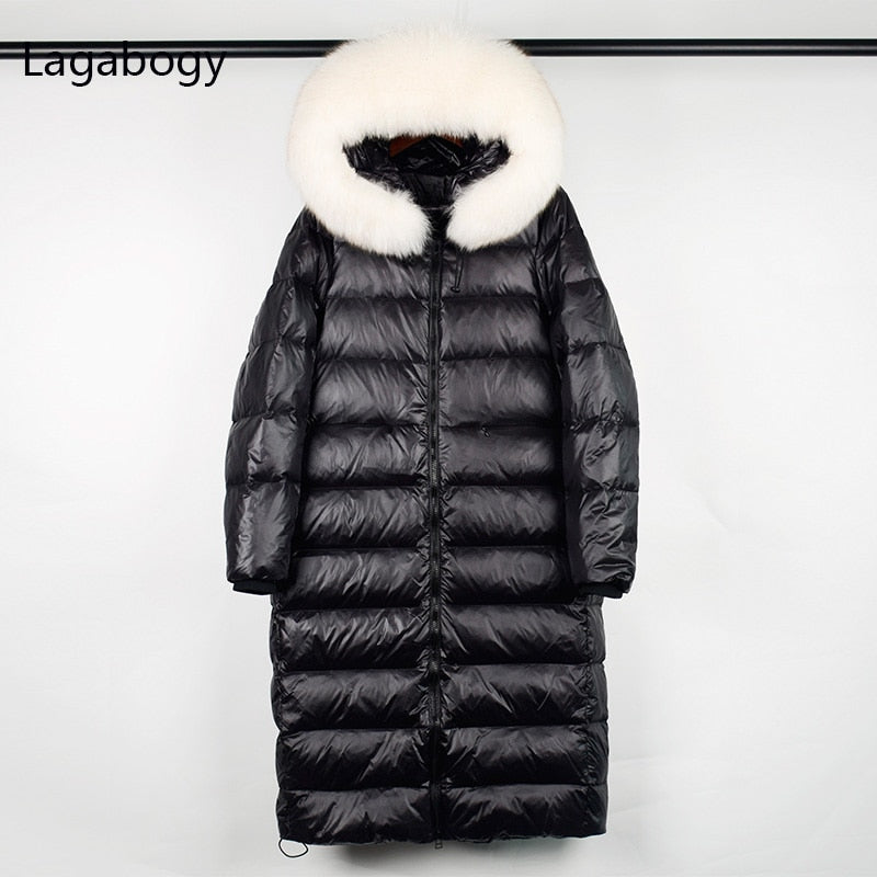 Lagabogy Long Puffer Jacket Women 2021 Large Real Raccoon Fur Hooded 90% Duck Down Coat Waterpoof Female Shiny Parkas Oversize